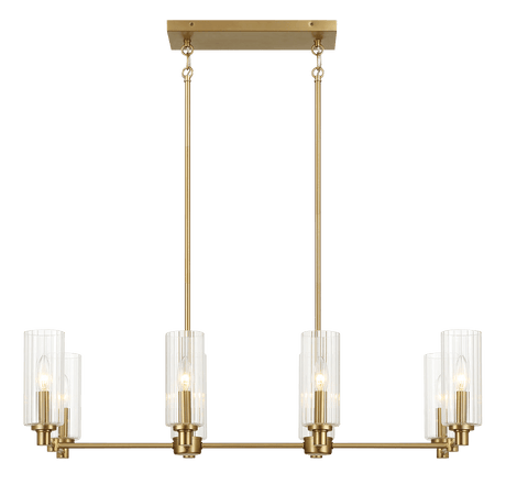 Willow Eight Lights Island With Clear Ribbed Glass Pendant Lamp - Satin Brass