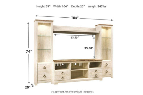 Willowton Whitewash 4-Piece Entertainment Center by Ashley at Eve Furniture