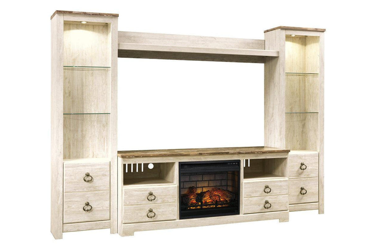 Willowton Whitewash 4-Piece Entertainment Center with Electric Fireplace by Ashley at Eve Furniture