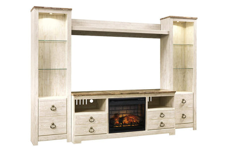 Willowton Whitewash 4-Piece Entertainment Center with Electric Fireplace by Ashley at Eve Furniture