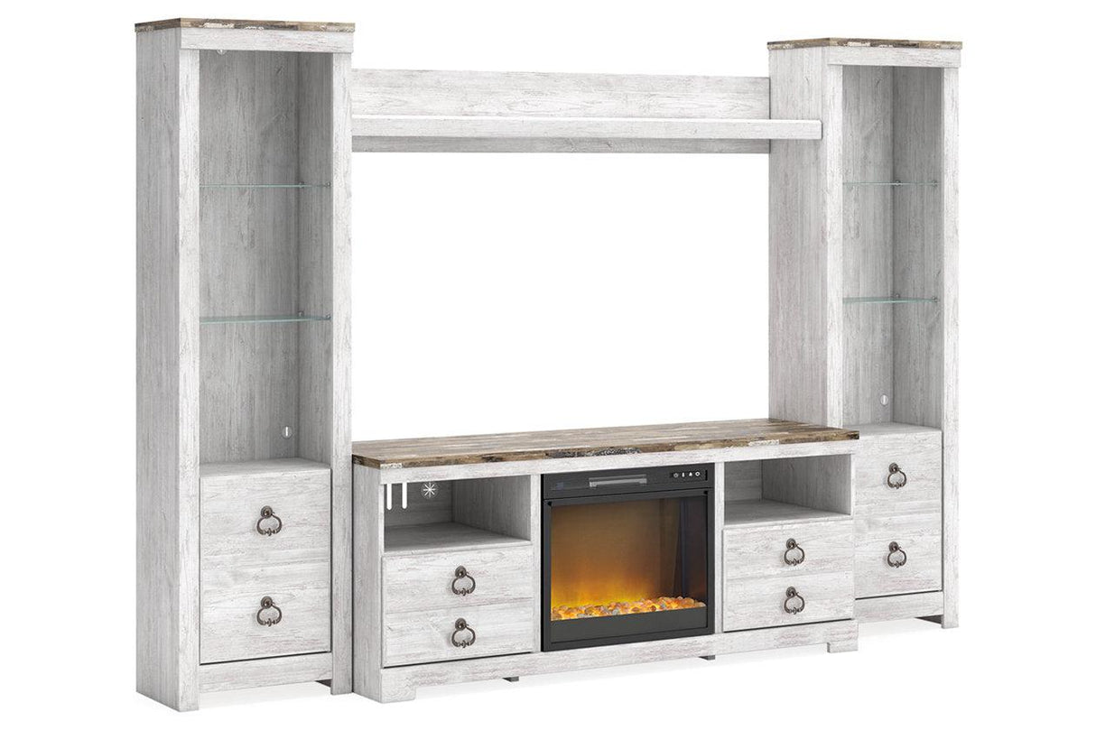 Willowton Whitewash 4-Piece Entertainment Center with Electric Fireplace by Ashley at Eve Furniture