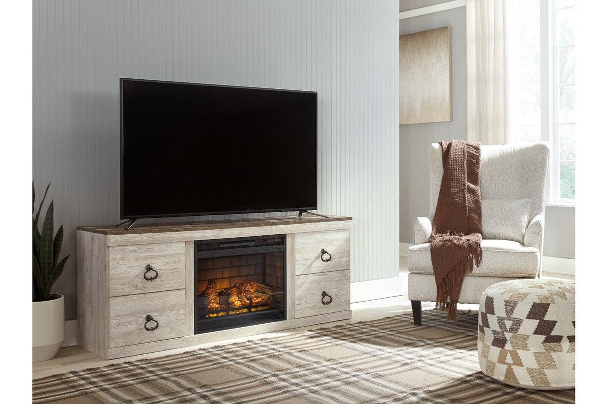 Willowton Whitewash TV Stand with Electric Fireplace by Ashley at Eve Furniture