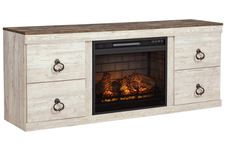 Willowton Whitewash TV Stand with Electric Fireplace by Ashley at Eve Furniture