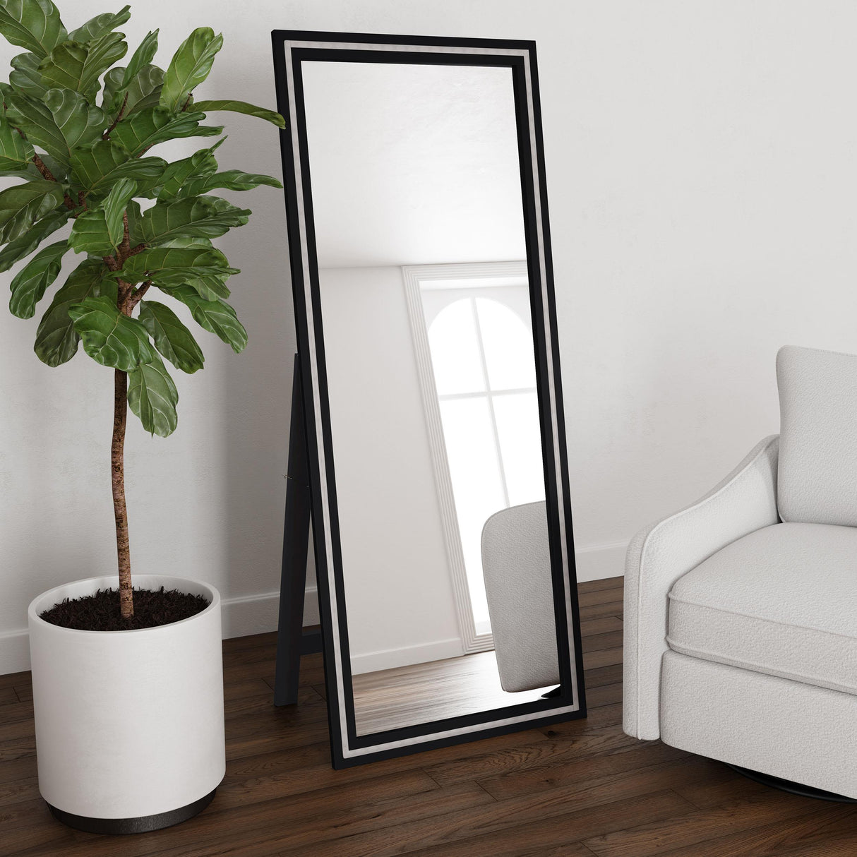 Windrose Black Full Length Floor Standing Tempered Mirror with LED Lighting