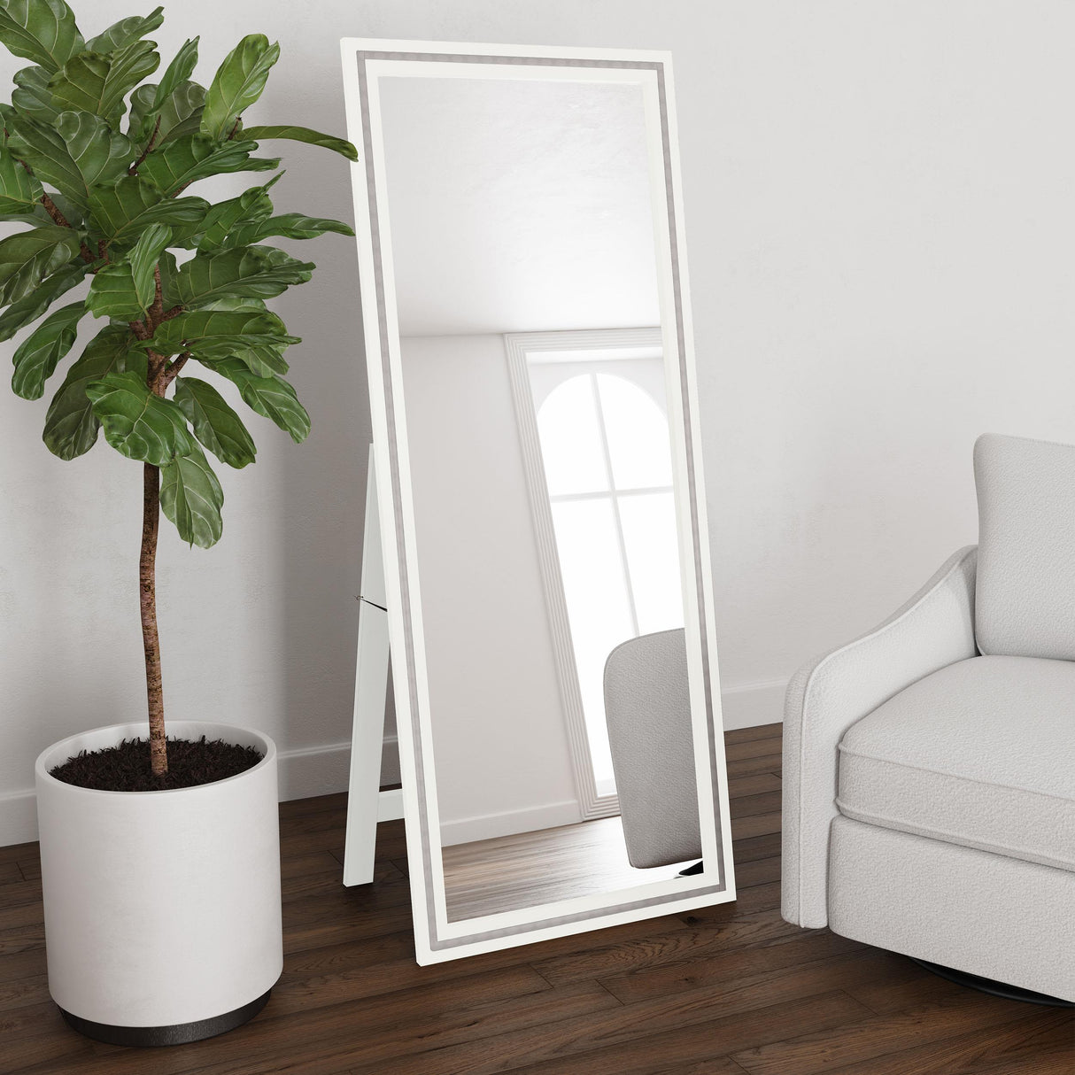 Windrose White Full Length Floor Standing Tempered Mirror with LED Lighting