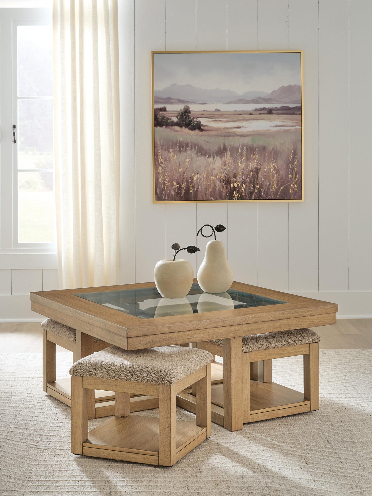 Wittenmyer Natural/Black Coffee Table with 4 Stools by Ashley at Eve Furniture