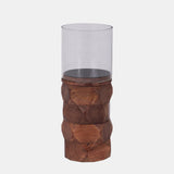 Wood, 10" Stacked Hexagon Pillar Hurricane, Brown