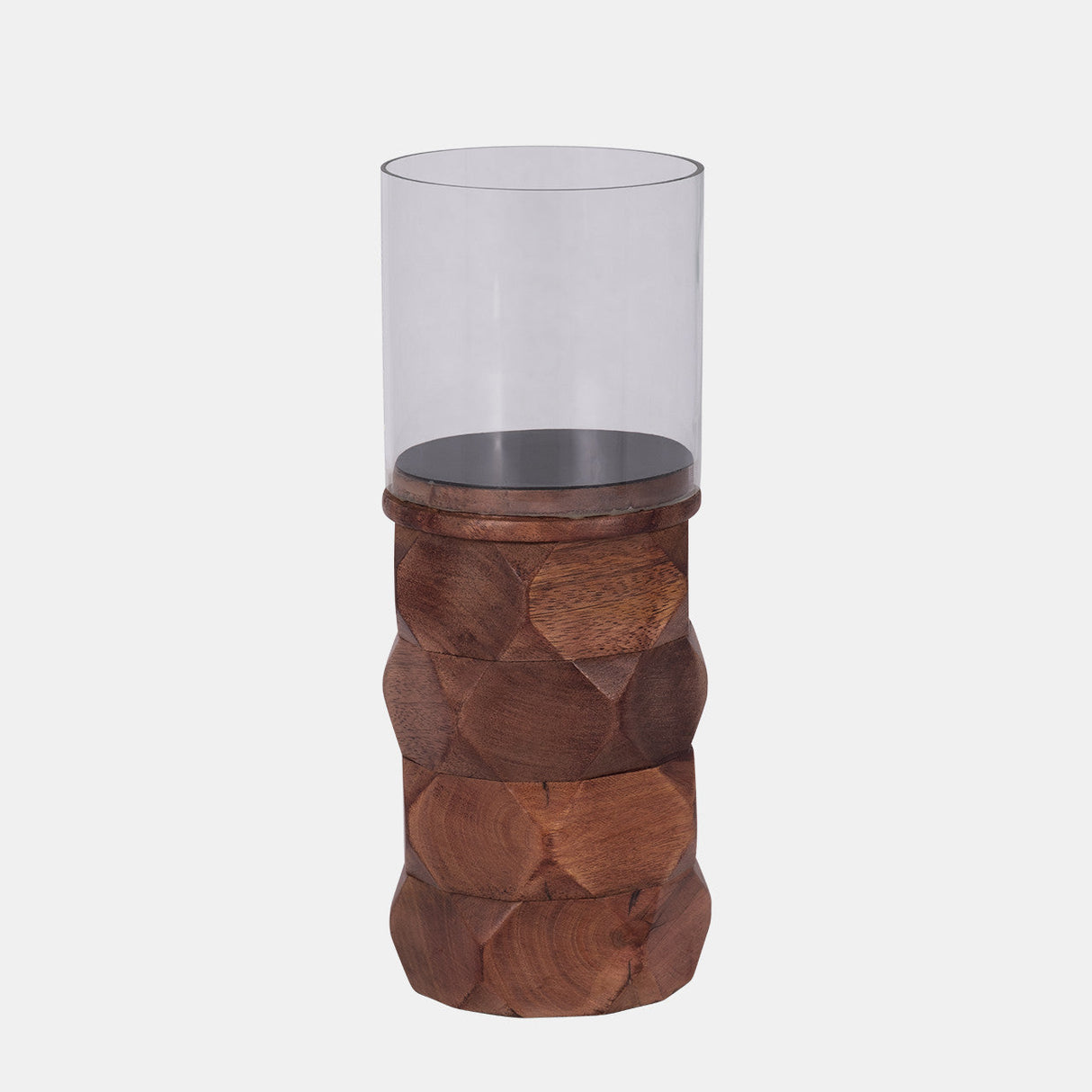 Wood, 10" Stacked Hexagon Pillar Hurricane, Brown