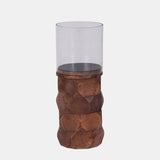 Wood, 10" Stacked Hexagon Pillar Hurricane, Brown