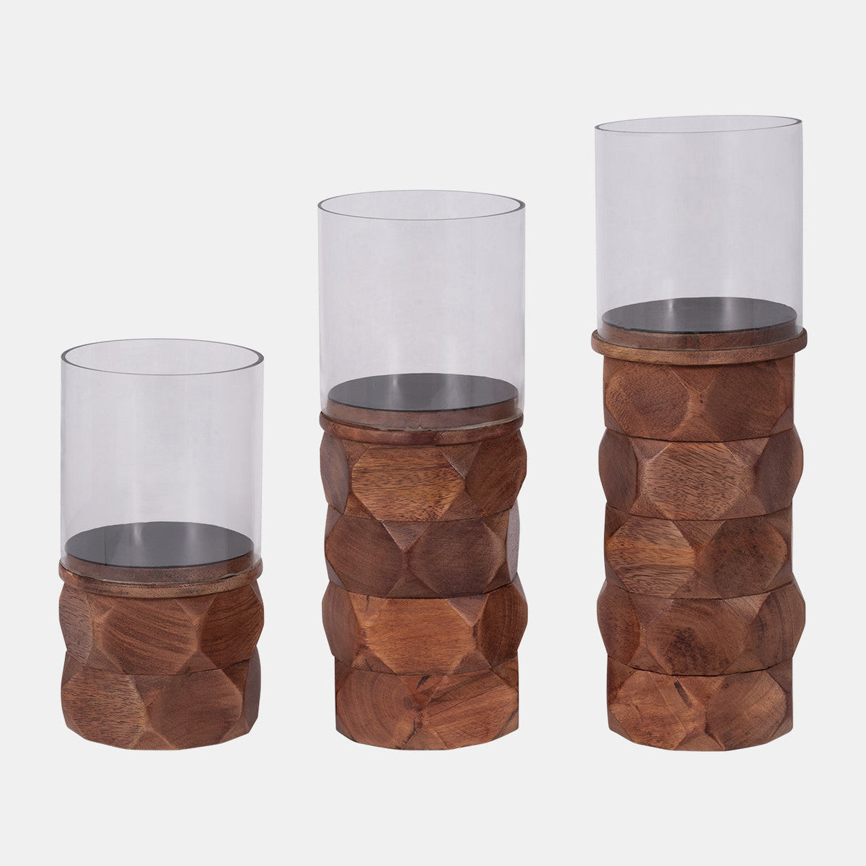 Wood, 10" Stacked Hexagon Pillar Hurricane, Brown