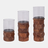 Wood, 10" Stacked Hexagon Pillar Hurricane, Brown