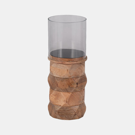 Wood, 10" Stacked Hexagon Pillar Hurricane, Natura