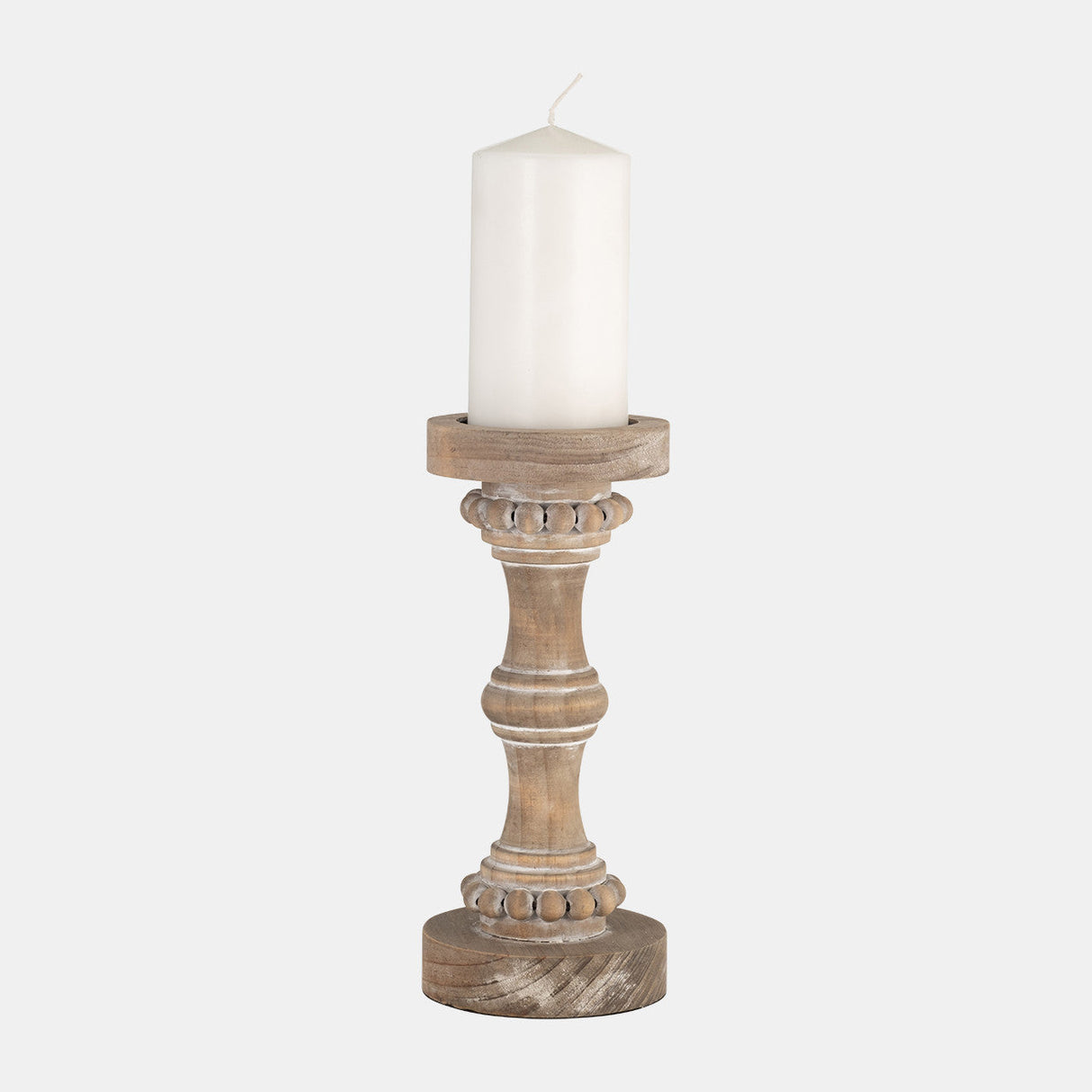 Wood, 11" Banded Bead Candle Holder, Antique White