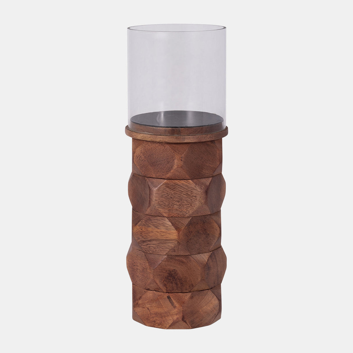 Wood, 12" Stacked Hexagon Pillar Hurricane, Brown