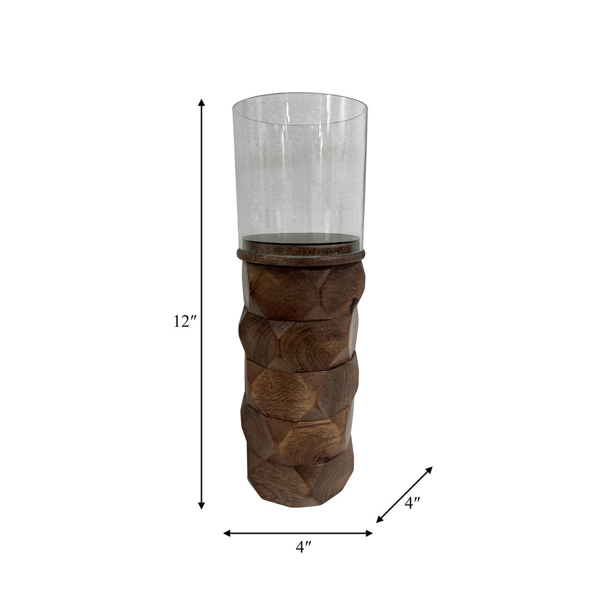 Wood, 12" Stacked Hexagon Pillar Hurricane, Brown