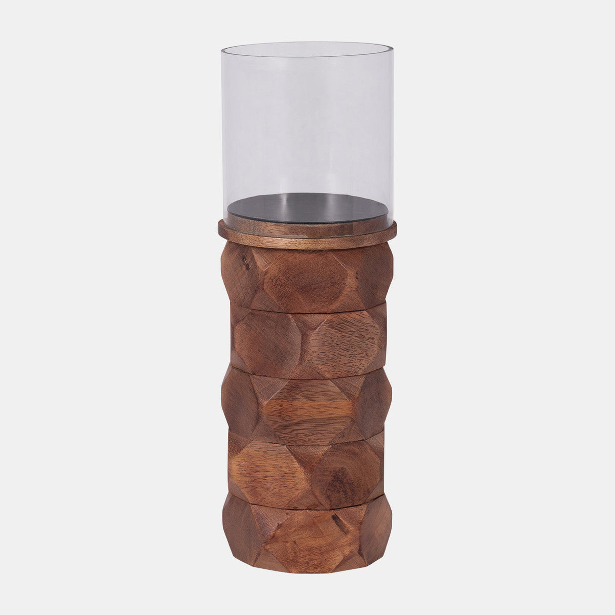 Wood, 12" Stacked Hexagon Pillar Hurricane, Brown