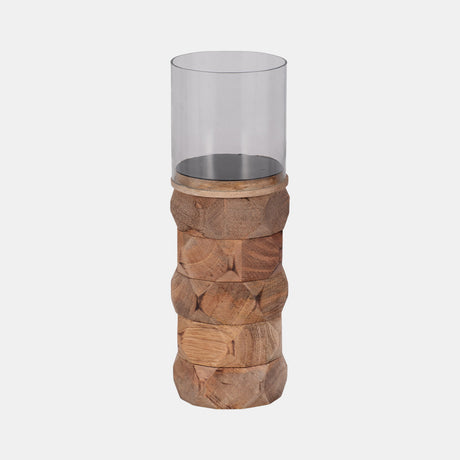 Wood, 12" Stacked Hexagon Pillar Hurricane, Natura