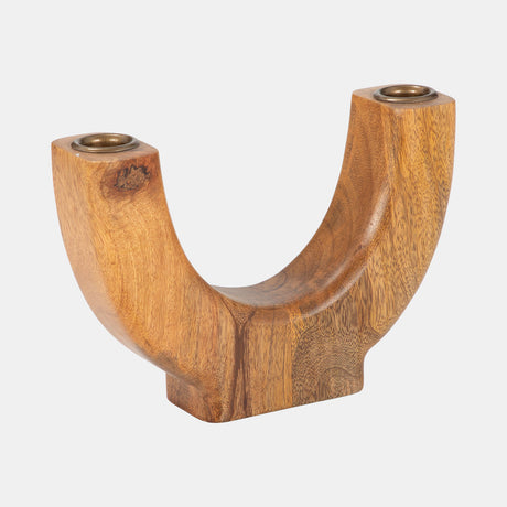 Wood, 8" Half Circle 2-taper Candleholder, Natural