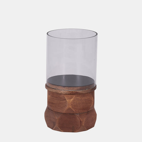 Wood, 8" Stacked Hexagon Pillar Hurricane, Brown