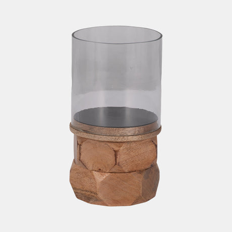 Wood, 8" Stacked Hexagon Pillar Hurricane, Natural