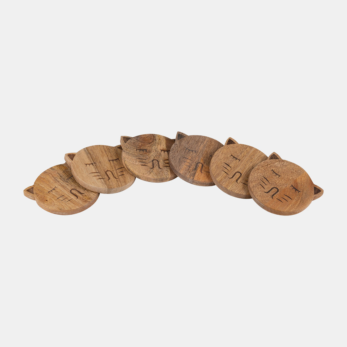 Wood, S/6 Cat Face Coasters W/ Stand,natural