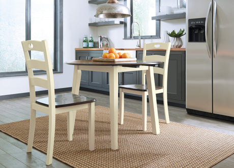 Woodanville White and Brown Round 3-Piece Drop Leaf Dining Room Set by Ashley at Eve Furniture