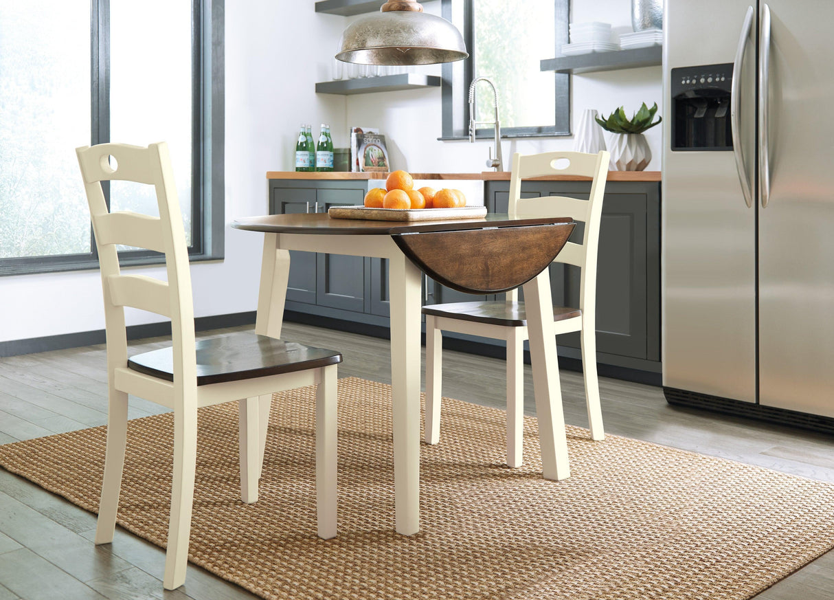 Woodanville White and Brown Round 3-Piece Drop Leaf Dining Room Set by Ashley at Eve Furniture