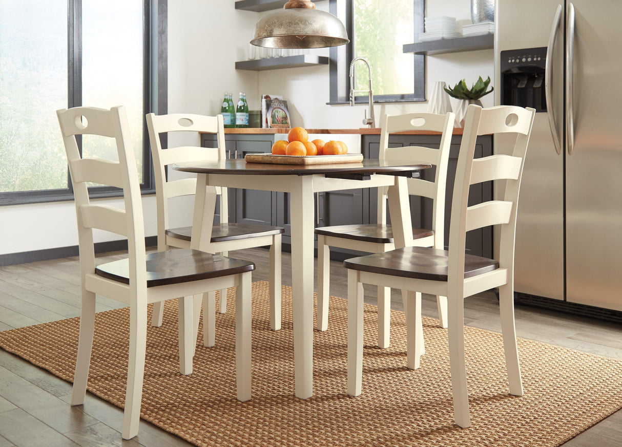 Woodanville White and Brown Round 5-Piece Drop Leaf Dining Room Set by Ashley at Eve Furniture