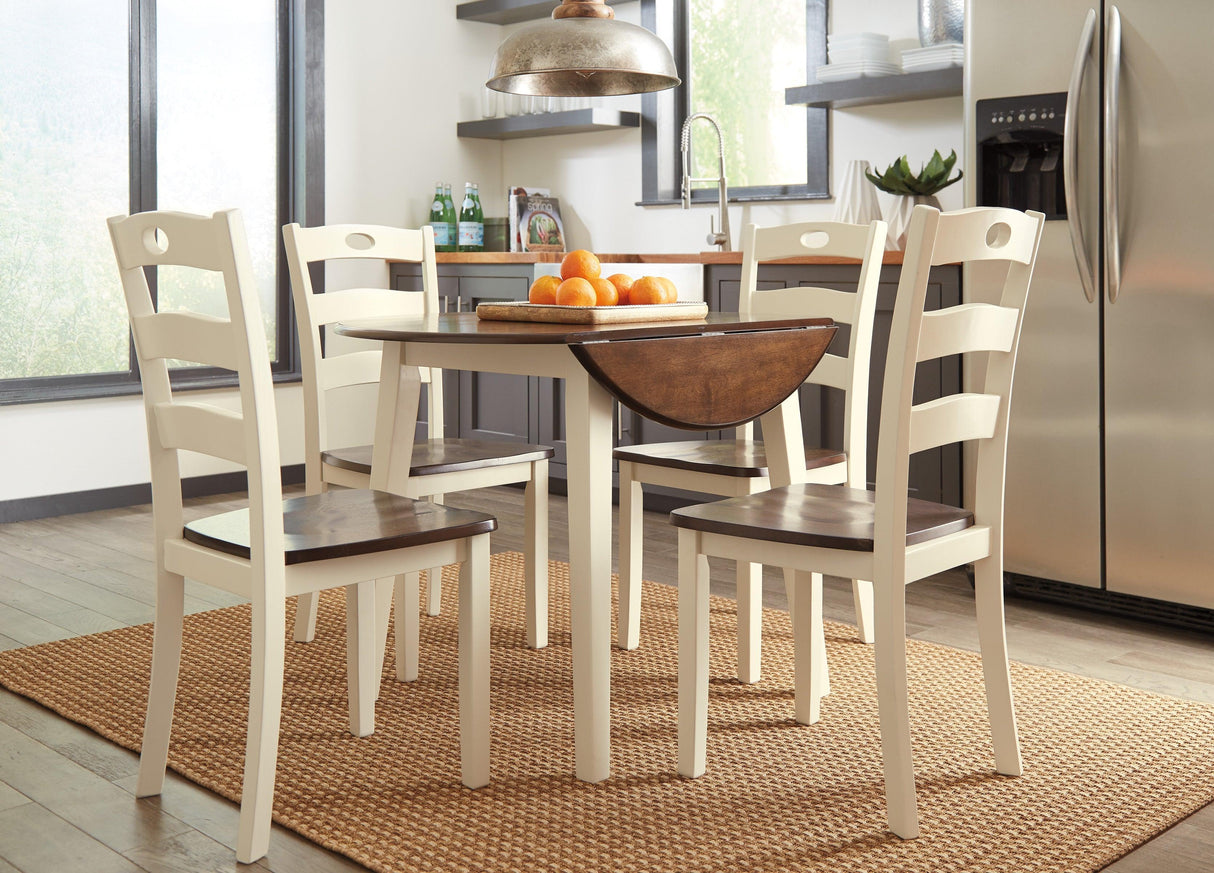 Woodanville White and Brown Round 5-Piece Drop Leaf Dining Room Set by Ashley at Eve Furniture