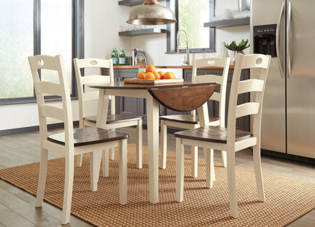 Woodanville White and Brown Round 5-Piece Drop Leaf Dining Room Set by Ashley at Eve Furniture