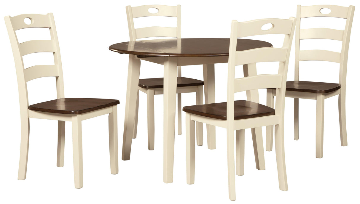 Woodanville White and Brown Round 5-Piece Drop Leaf Dining Room Set by Ashley at Eve Furniture