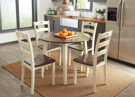 Woodanville White and Brown Round 5-Piece Drop Leaf Dining Room Set by Ashley at Eve Furniture