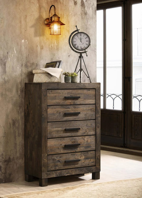 Woodmont Rustic Golden Brown 5-Drawer Chest by Coaster at Eve Furniture