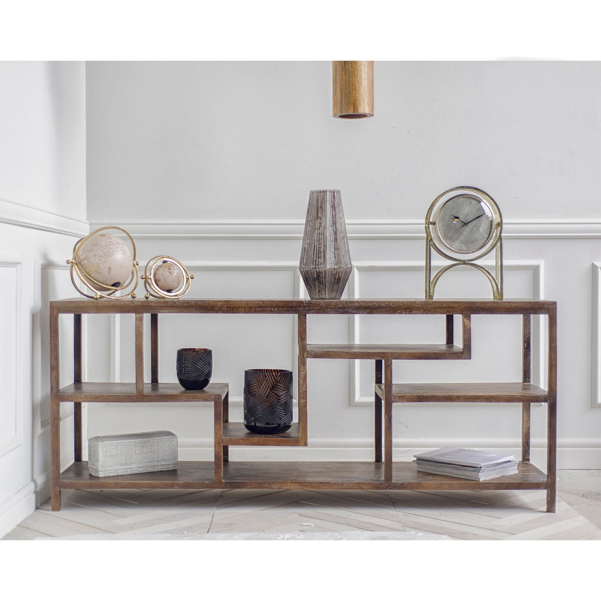 Wright I 16L x 66W Brown Wood Multi-Level Shelf Console Table by Mercana at Eve Furniture