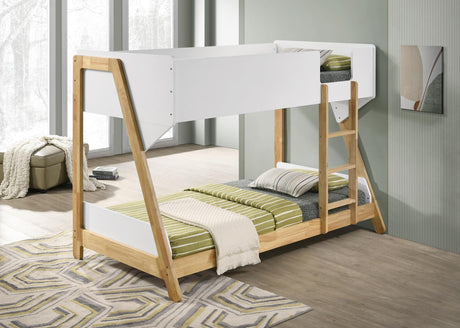 Wyatt White and Natural Wood Twin Over Twin Bunk Bed by Coaster at Eve Furniture