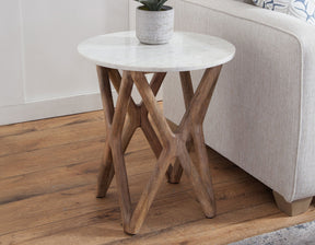 Wyman Banswara 20″ Round White Marble Top End Table by Steve Silver at Eve Furniture
