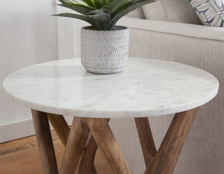 Wyman Banswara 20″ Round White Marble Top End Table by Steve Silver - Eve Furniture