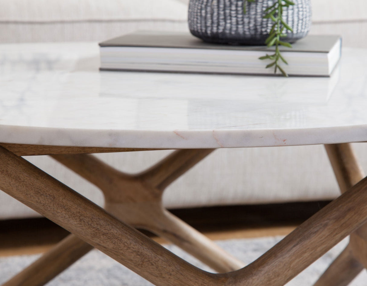 Wyman Banswara 36″ Round White Marble Top Cocktail Table by Steve Silver at Eve Furniture