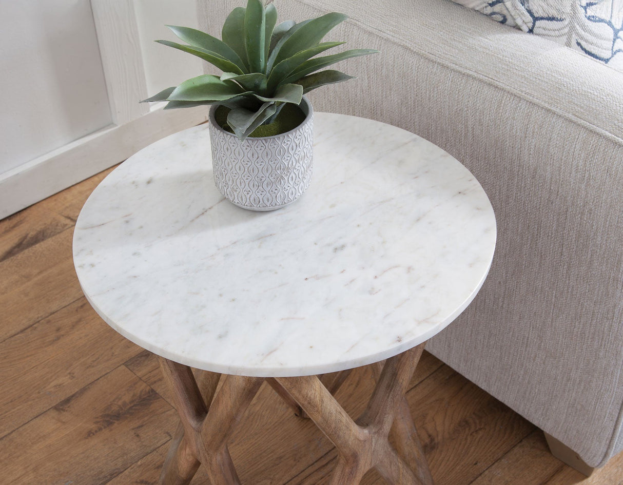 Wyman Banswara 20″ Round White Marble Top End Table by Steve Silver at Eve Furniture