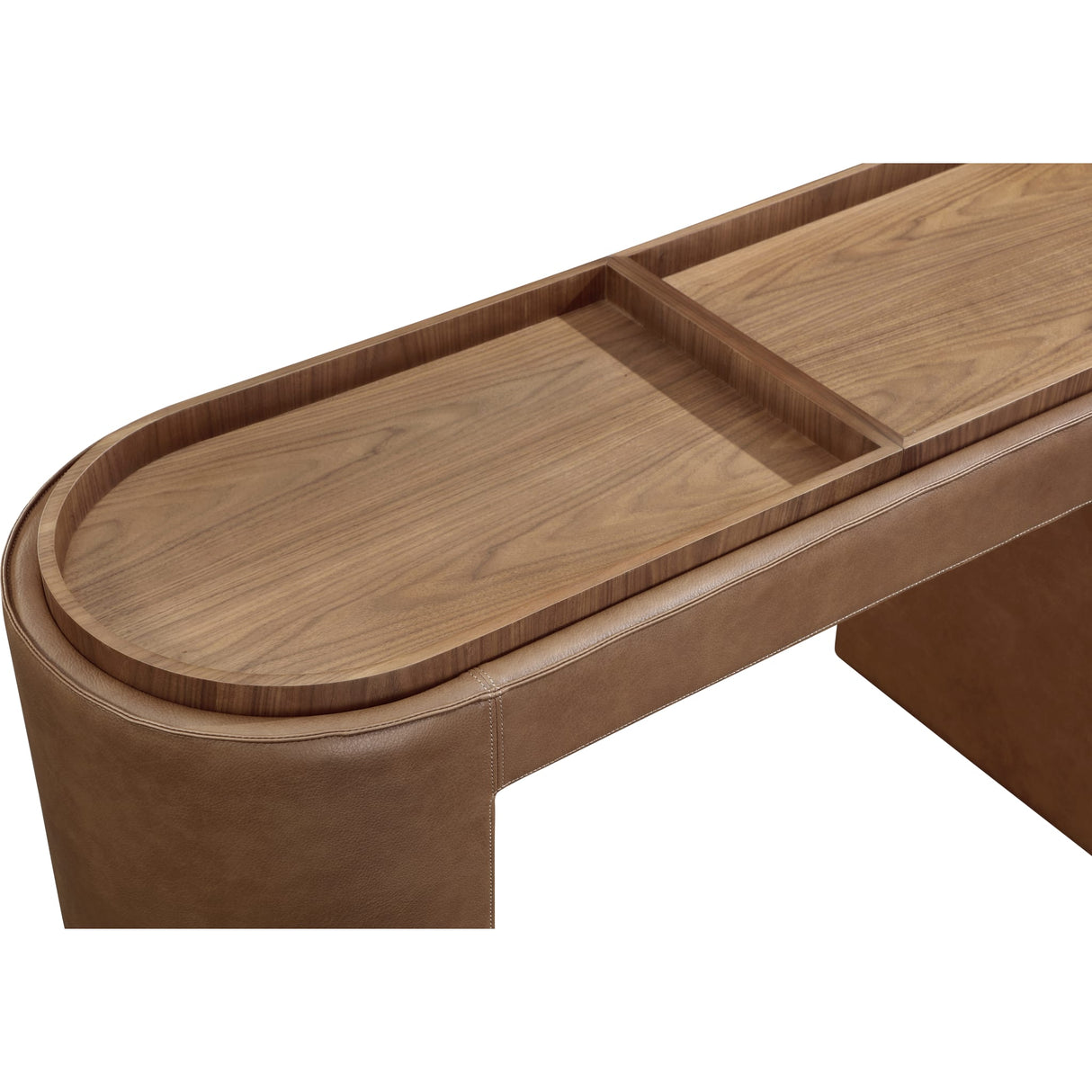 Yeal Leather Upholstered Storage Console Table with Wooden Tray Top by Modus Furniture at Eve Furniture