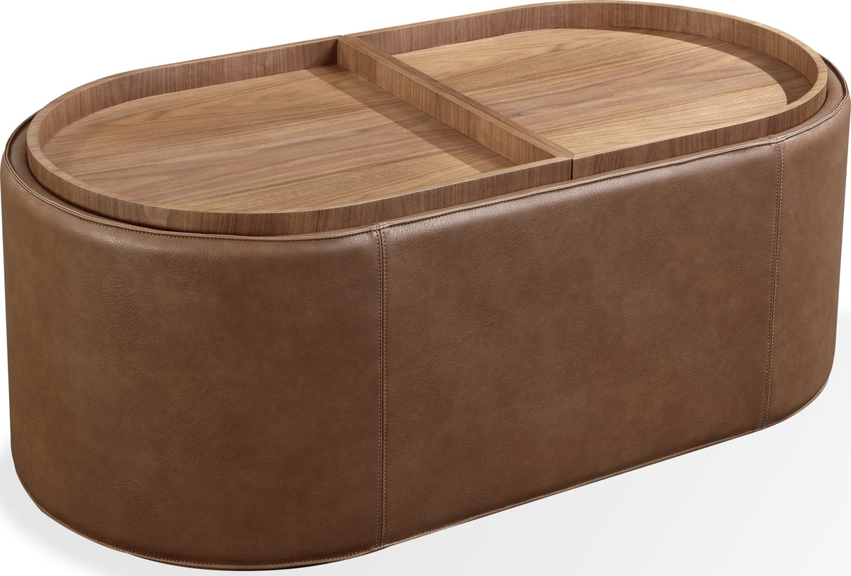 Yeal Sahara Leather Upholstered Storage Coffee Table with Wooden Tray Top and Casters by Modus Furniture at Eve Furniture