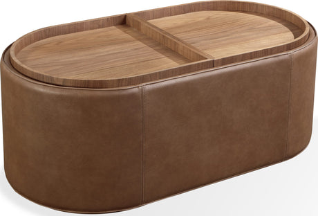 Yeal Sahara Leather Upholstered Storage Coffee Table with Wooden Tray Top and Casters by Modus Furniture at Eve Furniture