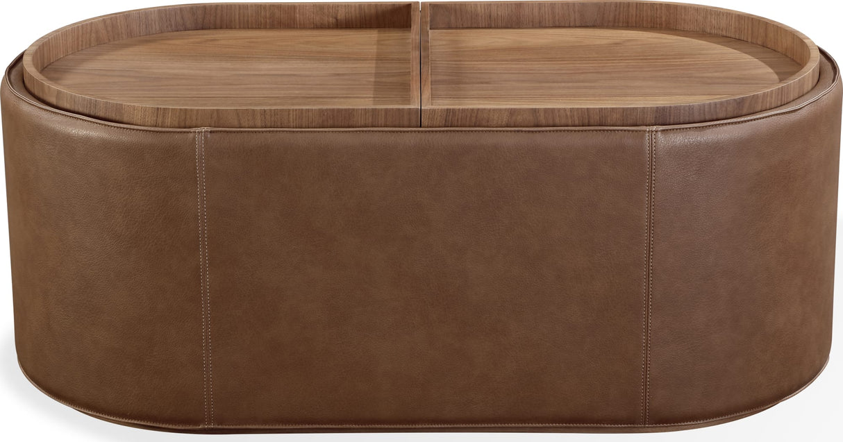 Yeal Sahara Leather Upholstered Storage Coffee Table with Wooden Tray Top and Casters by Modus Furniture at Eve Furniture