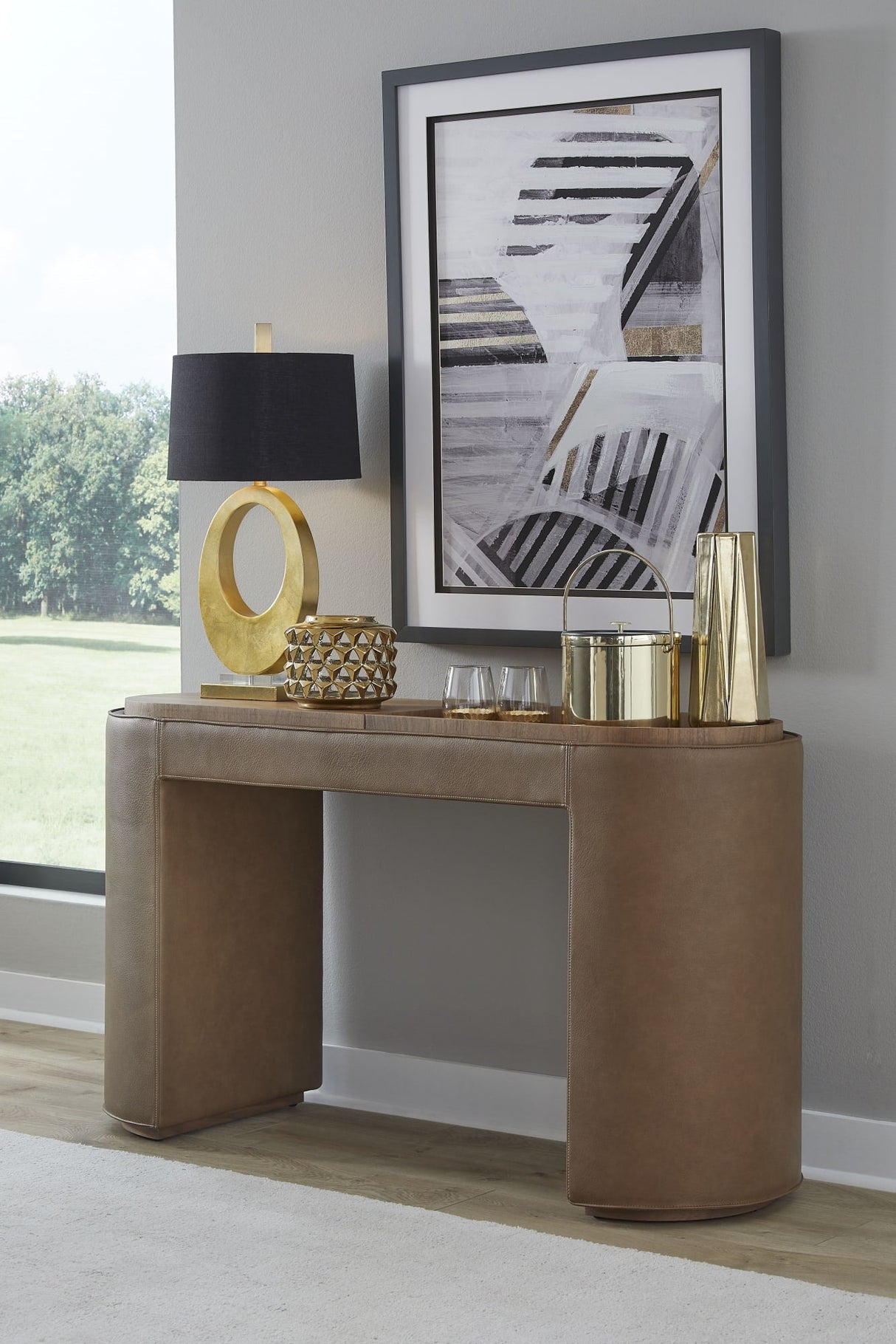 Yeal Sahara Leather Upholstered Storage Console Table with Wooden Tray Top by Modus Furniture at Eve Furniture