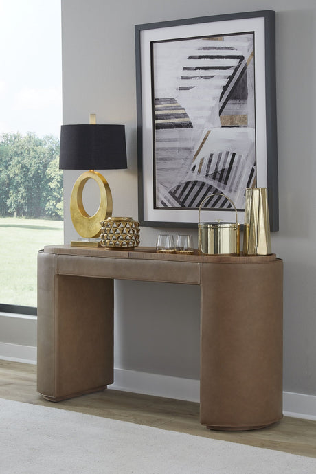 Yeal Sahara Leather Upholstered Storage Console Table with Wooden Tray Top by Modus Furniture at Eve Furniture