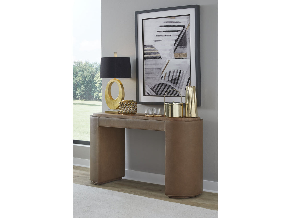 Yeal Sahara Leather Upholstered Storage Console Table with Wooden Tray Top by Modus Furniture at Eve Furniture