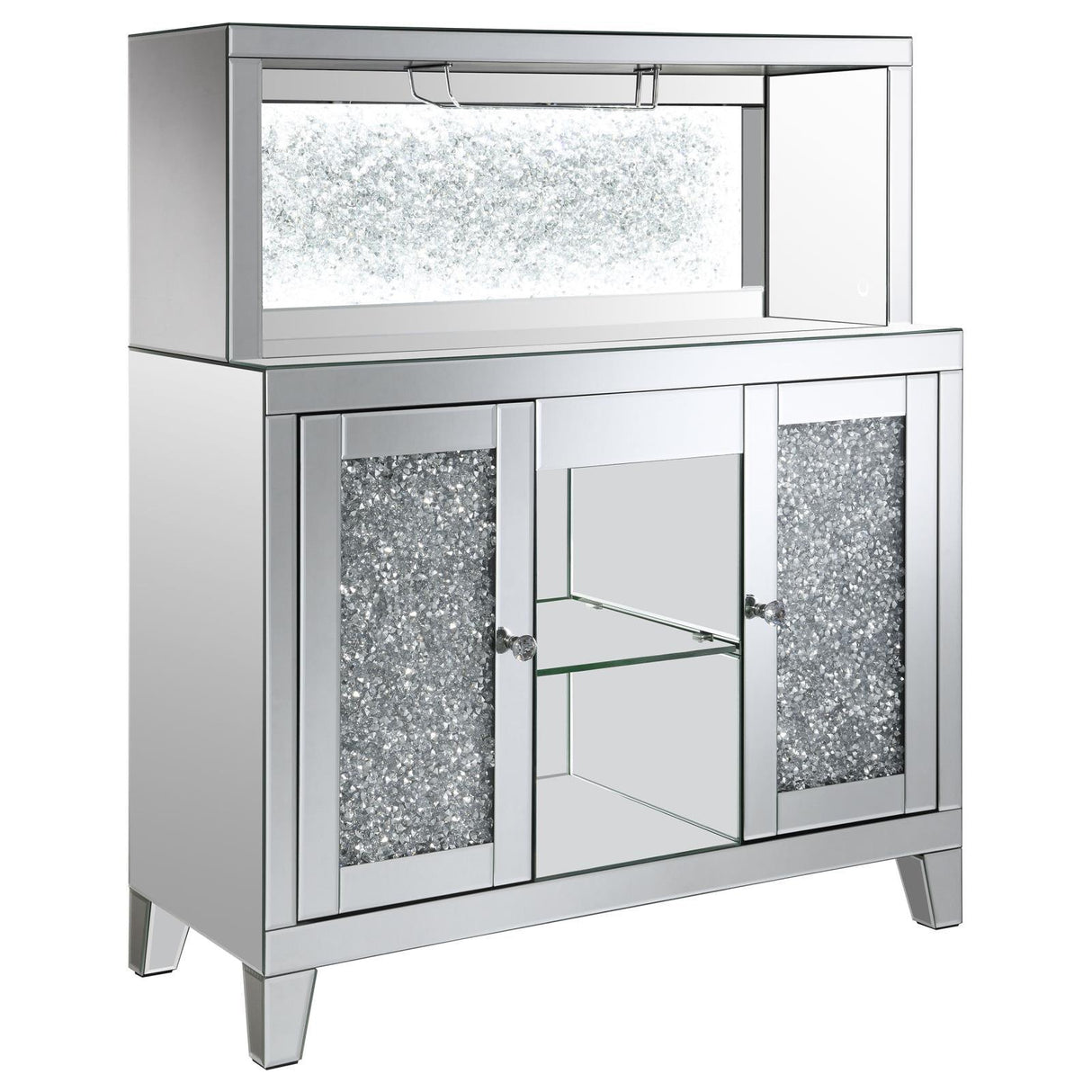 Yvaine Silver 2-door Mirrored Wine Cabinet with Faux Crystal Inlay by Coaster at Eve Furniture