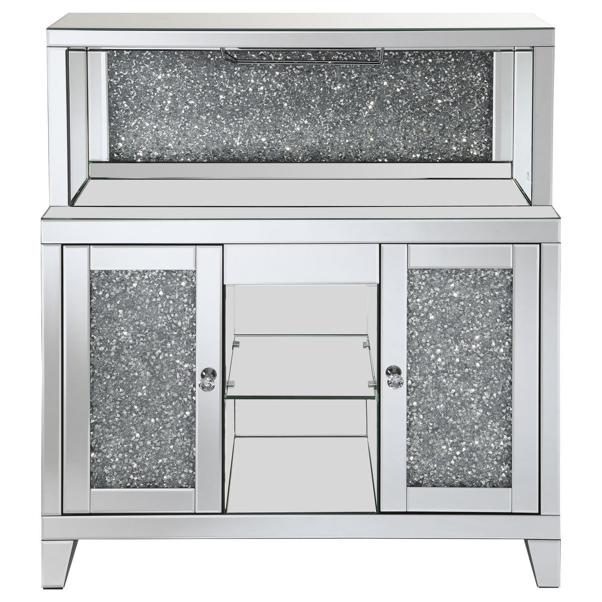 Yvaine Silver 2-door Mirrored Wine Cabinet with Faux Crystal Inlay by Coaster at Eve Furniture