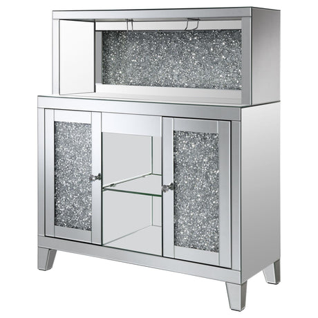 Yvaine Silver 2-door Mirrored Wine Cabinet with Faux Crystal Inlay by Coaster at Eve Furniture