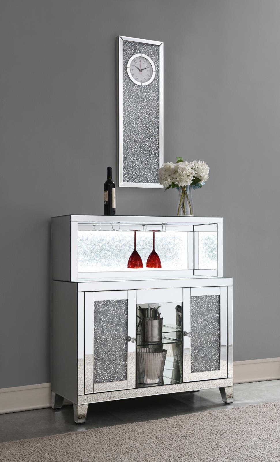 Yvaine Silver 2-door Mirrored Wine Cabinet with Faux Crystal Inlay by Coaster at Eve Furniture